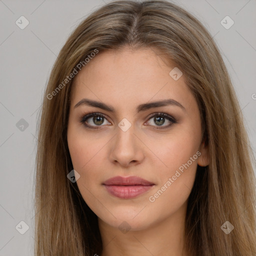 Neutral white young-adult female with long  brown hair and brown eyes