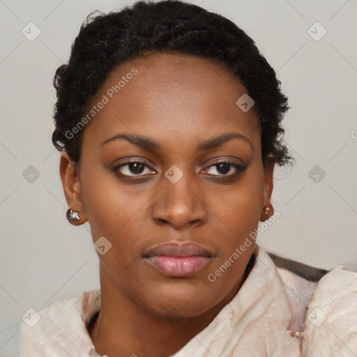 Neutral black young-adult female with short  brown hair and brown eyes