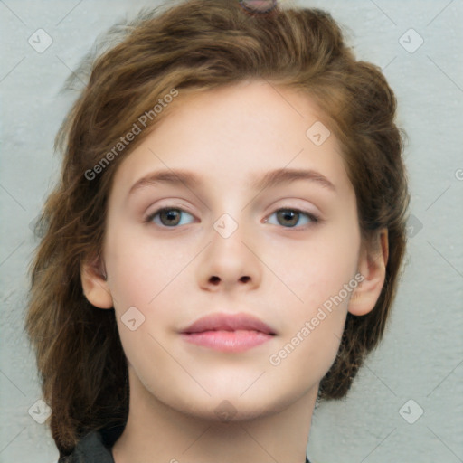 Neutral white young-adult female with medium  brown hair and blue eyes