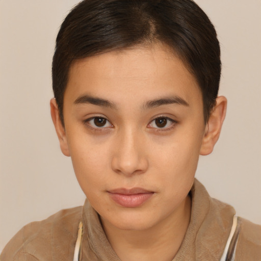 Neutral white young-adult female with short  brown hair and brown eyes