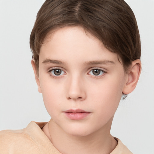 Neutral white young-adult female with short  brown hair and grey eyes