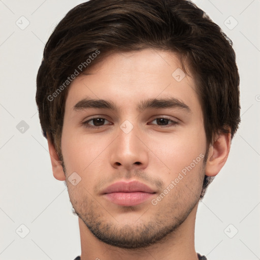 Neutral white young-adult male with short  brown hair and brown eyes