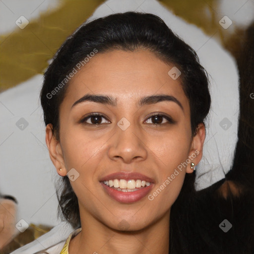 Joyful latino young-adult female with medium  black hair and brown eyes