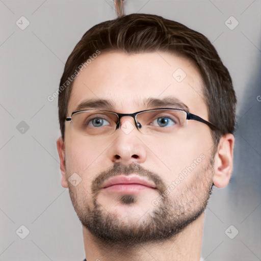 Neutral white young-adult male with short  brown hair and grey eyes