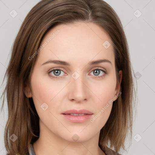 Neutral white young-adult female with medium  brown hair and grey eyes