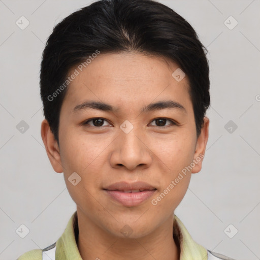 Joyful asian young-adult male with short  brown hair and brown eyes