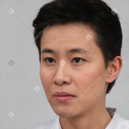 Neutral white young-adult male with short  black hair and brown eyes