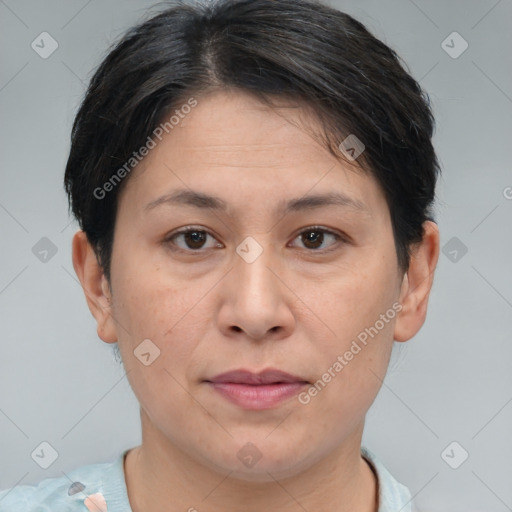 Joyful white adult female with short  brown hair and brown eyes