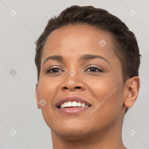 Joyful white young-adult female with short  brown hair and brown eyes