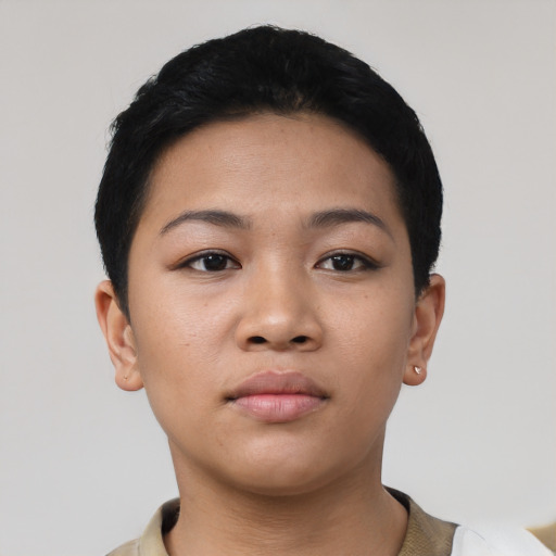 Neutral asian young-adult female with short  black hair and brown eyes