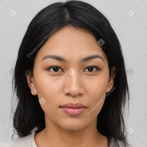 Neutral latino young-adult female with medium  black hair and brown eyes