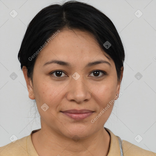 Joyful latino young-adult female with short  brown hair and brown eyes