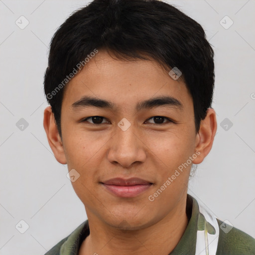 Joyful asian young-adult male with short  brown hair and brown eyes