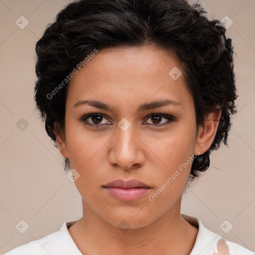 Neutral white young-adult female with short  brown hair and brown eyes