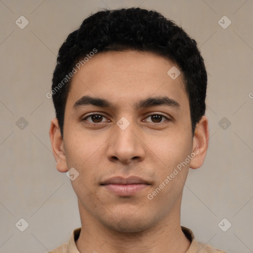 Neutral latino young-adult male with short  black hair and brown eyes