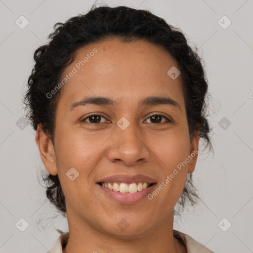 Joyful latino young-adult female with short  brown hair and brown eyes