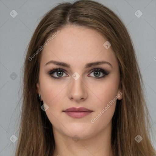 Neutral white young-adult female with long  brown hair and brown eyes