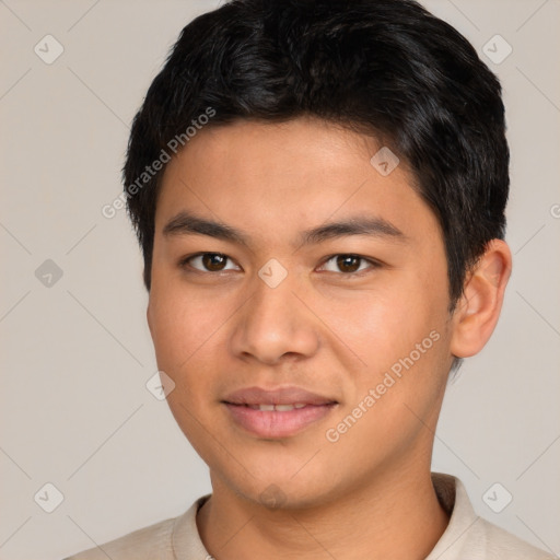 Joyful asian young-adult male with short  brown hair and brown eyes