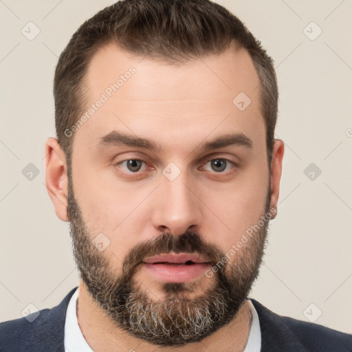 Neutral white young-adult male with short  brown hair and brown eyes