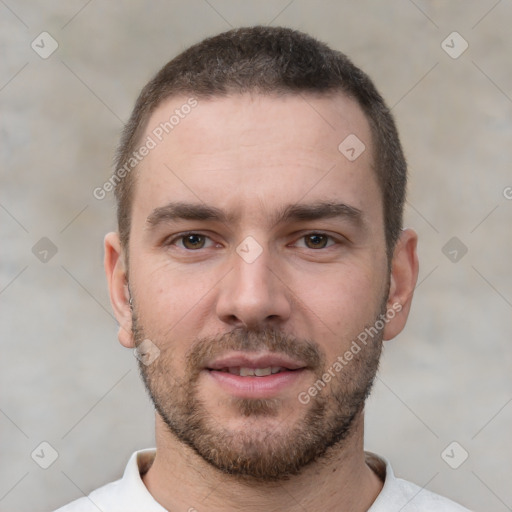 Neutral white young-adult male with short  brown hair and brown eyes