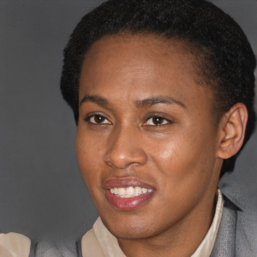 Joyful black adult female with short  black hair and brown eyes