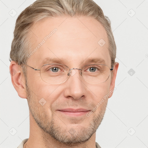 Joyful white adult male with short  brown hair and grey eyes