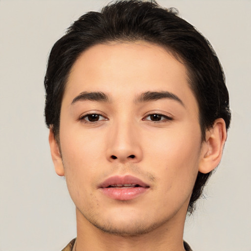 Neutral asian young-adult male with short  brown hair and brown eyes