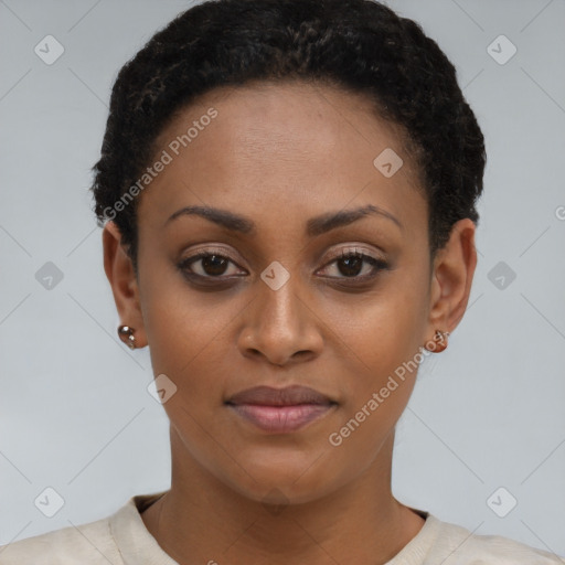 Joyful latino young-adult female with short  black hair and brown eyes