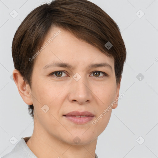 Joyful white young-adult female with short  brown hair and grey eyes