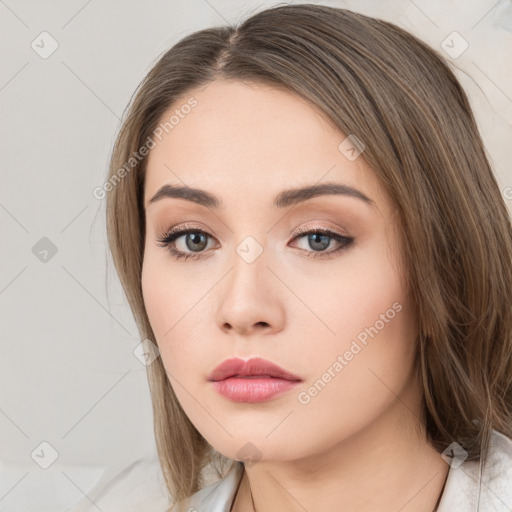 Neutral white young-adult female with medium  brown hair and brown eyes