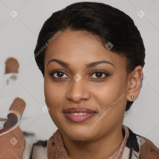 Joyful latino young-adult female with medium  brown hair and brown eyes