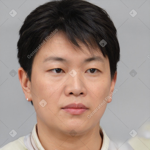 Neutral asian young-adult male with short  brown hair and brown eyes