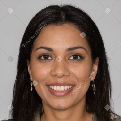 Joyful latino young-adult female with long  brown hair and brown eyes