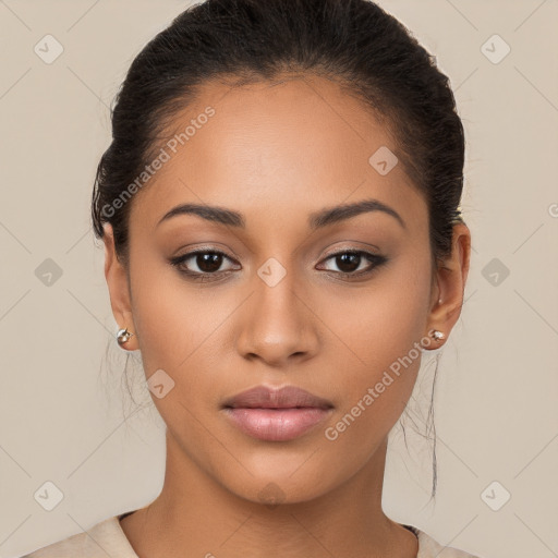 Neutral white young-adult female with long  brown hair and brown eyes