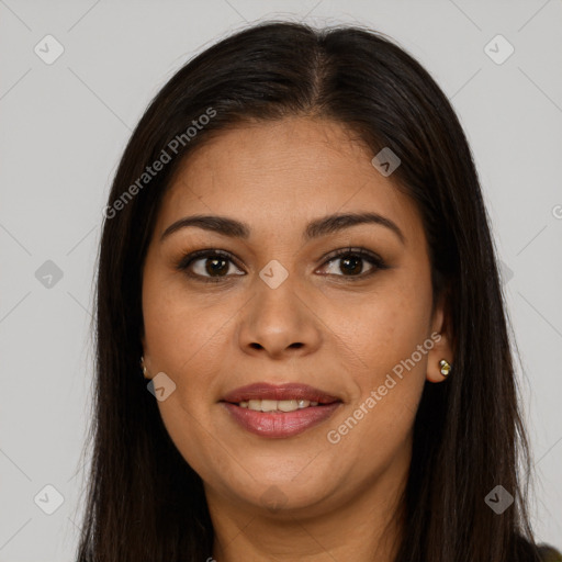 Joyful latino young-adult female with long  brown hair and brown eyes