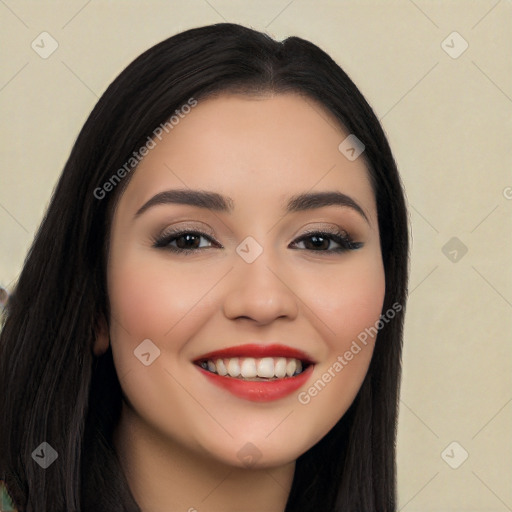 Joyful white young-adult female with long  black hair and brown eyes