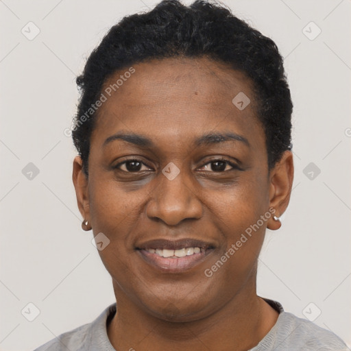 Joyful black young-adult female with short  black hair and brown eyes