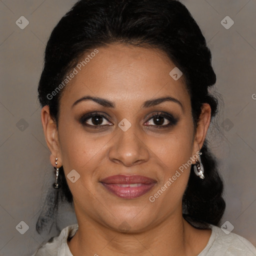 Joyful latino young-adult female with medium  brown hair and brown eyes