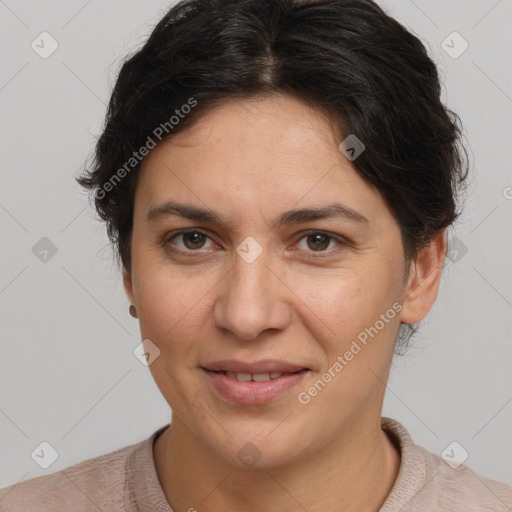 Joyful white young-adult female with short  brown hair and brown eyes