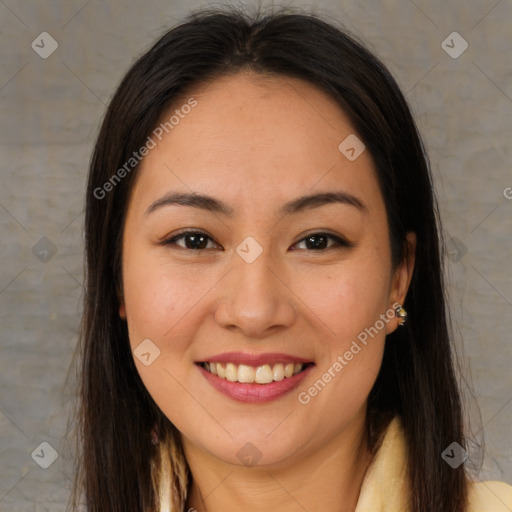 Joyful latino young-adult female with long  brown hair and brown eyes