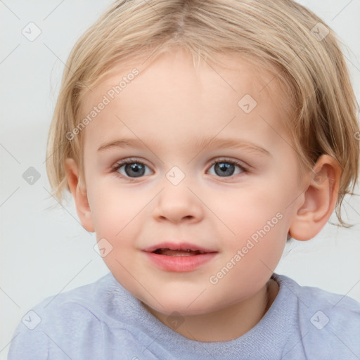 Joyful white child female with medium  brown hair and blue eyes