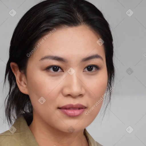 Joyful white young-adult female with medium  black hair and brown eyes