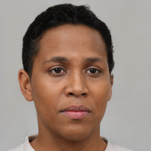 Neutral black young-adult male with short  brown hair and brown eyes