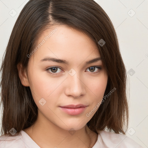 Neutral white young-adult female with medium  brown hair and brown eyes