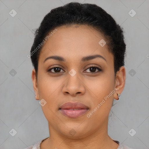 Joyful latino young-adult female with short  brown hair and brown eyes