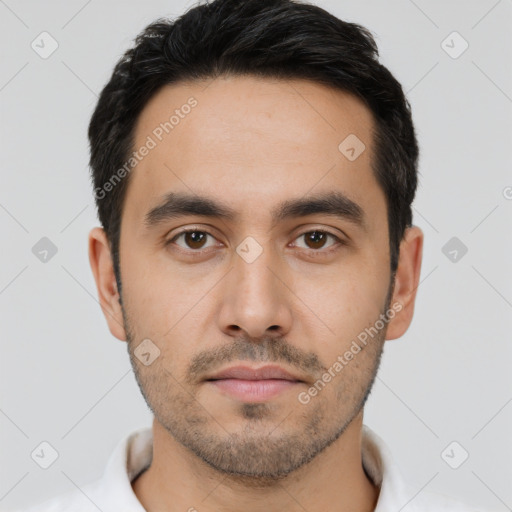 Neutral latino young-adult male with short  black hair and brown eyes