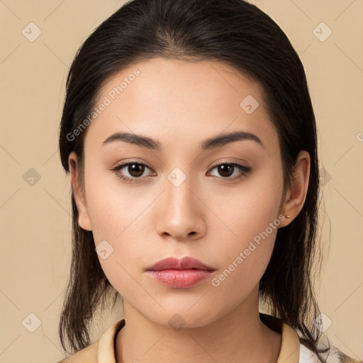 Neutral white young-adult female with medium  brown hair and brown eyes