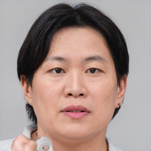 Neutral asian adult male with short  brown hair and brown eyes