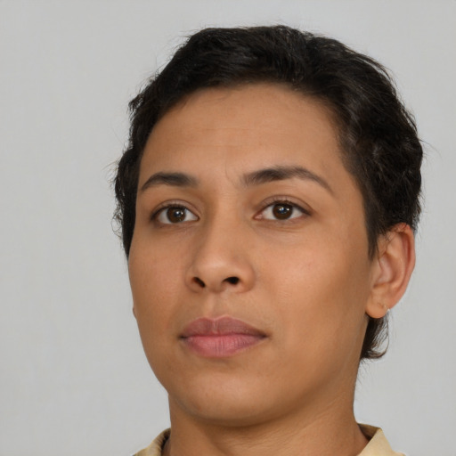 Neutral latino young-adult female with short  brown hair and brown eyes