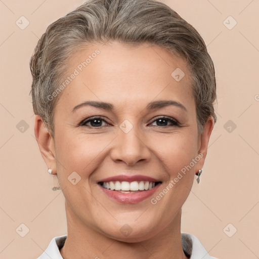 Joyful white young-adult female with short  brown hair and brown eyes